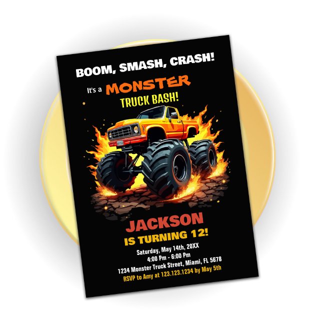 Orange Monster Lastbil Birthday-inbjudningar, svar Inbjudningar (Orange Monster Truck Birthday Invitations Black)