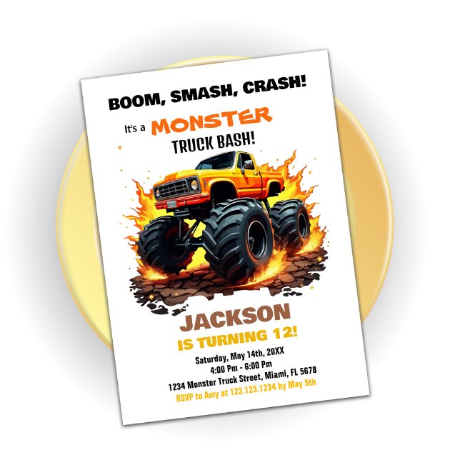Orange Monster Lastbil födelsedagsinbjudan Inbjudningar (Orange Monster Truck Birthday Invitations)