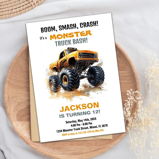 Orange Monster Lastbil födelsedagsinbjudan Inbjudningar (Orange Monster Truck Birthday Invitations)