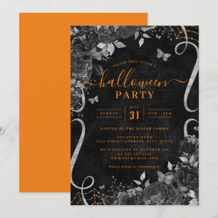 Orange Mörk Kuslig Blommig Rulle Halloweenfest  Inbjudningar