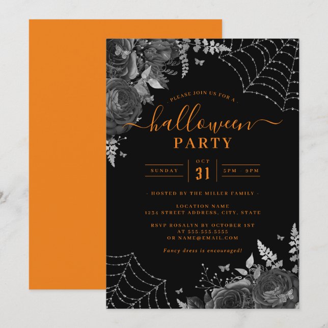 Orange Mörka Kusliga Blommiga Spindelnät Halloween Inbjudningar (Fram/baksida)