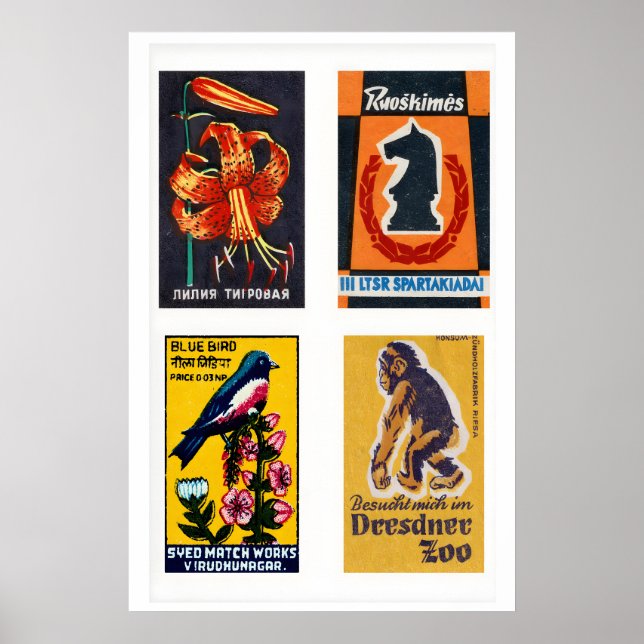 Orange & Mörkblå Tändsticks Etikett Rutig Print Poster (Framsidan)