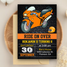 Orange motorcykelracing barn födelsedagsinbjudan
