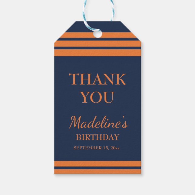 Orange Navy Blue Randig Födelsedagsfest Tack Presentetikett (Framsidan)