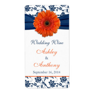 Orange Navy Daisy Bröllop Vin Flaska-etiketter Fraktsedel