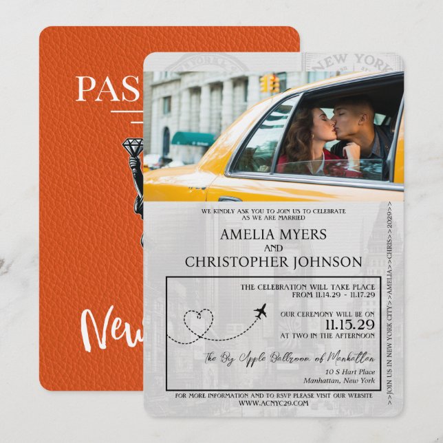 Orange New York City Passport Bröllop Inbjudningar (Fram/baksida)