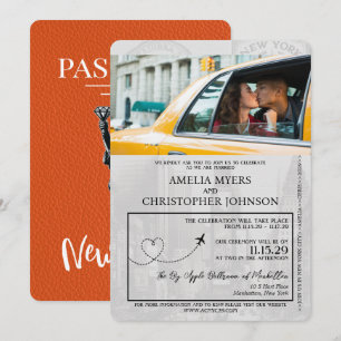 Orange New York City Passport Bröllop Inbjudningar
