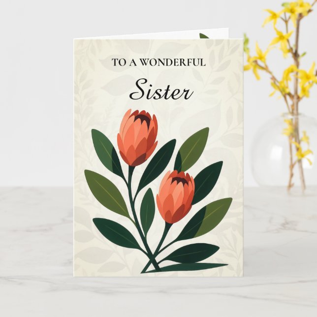 Orange Nyanser Protea Elegant Minimalistisk Födels Kort (Gul blomma)