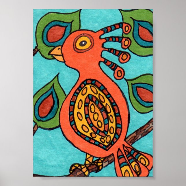 Orange Oaxacan Bird Mini Folk Art Poster (Framsidan)
