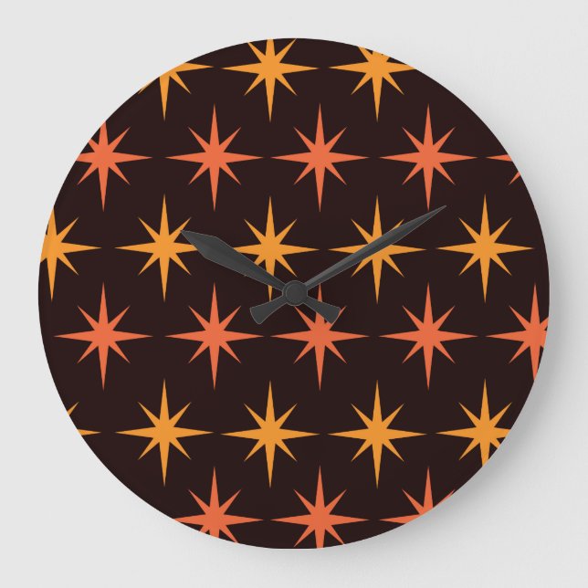 Orange och Amber Stjärnburst Mid Century Modern  Stor Klocka (Framsida)