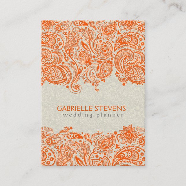 Orange och Beige Blommigt Paisley Snöre Visitkort (Framsida)