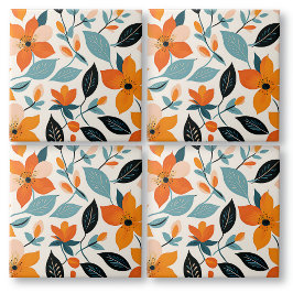 Orange och Blå blomma och Blommor Kakelplatta