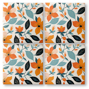 Orange och Blå blomma och Blommor Kakelplatta
