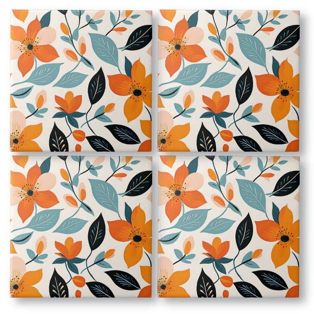 Orange och Blå blomma och Blommor Kakelplatta (Skapare uppladdad)