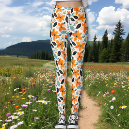 Orange och Blå blomma och Blommor Leggings