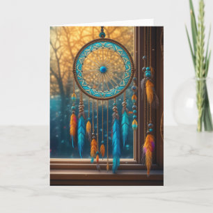 Orange och blå Dreamcatcher i ett Desert-fönster Kort