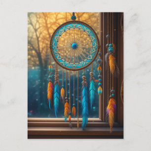 Orange och blå Dreamcatcher i ett fönster Vykort
