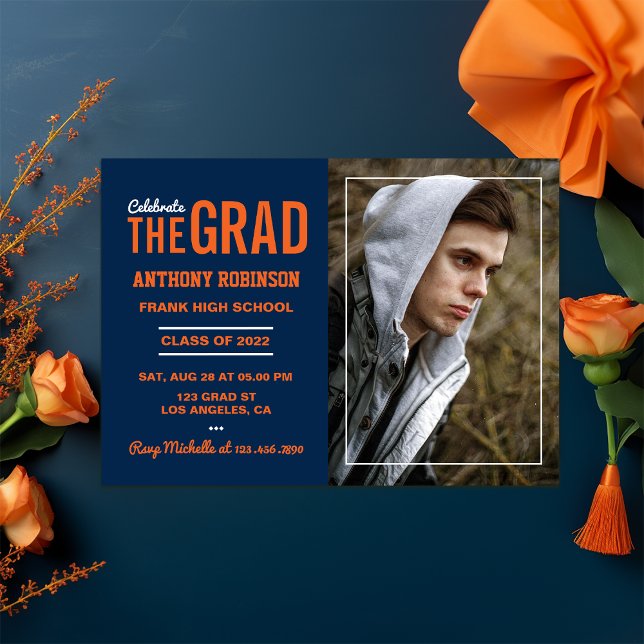 Orange och blå examensfestfoto inbjudningar (Orange and Blue Graduation invite)