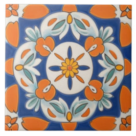 Orange och blå geometrisk Blommigt i Medelhavsområ Kakelplatta