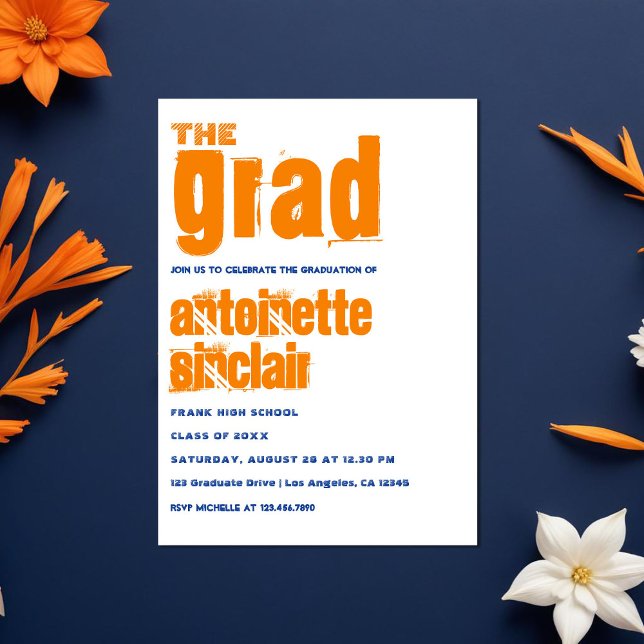 Orange och Blå Grunge Typografi Examenfest Inbjudningar (Orange and Blue Grunge Typography Graduation Party Invitation)