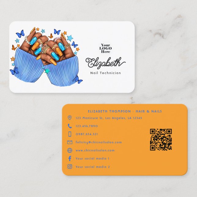 Orange och blå nagelsalong Branding Design Visitkort (Fram/baksida)