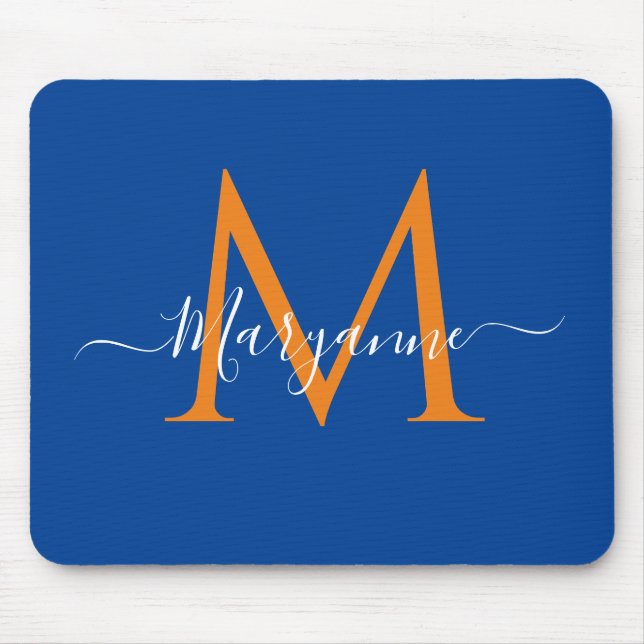 Orange och blå Personlig, monogram blå Musmatta (Framsidan)