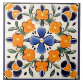 Orange och Blåa blommor för folkart Blommigt Kakelplatta