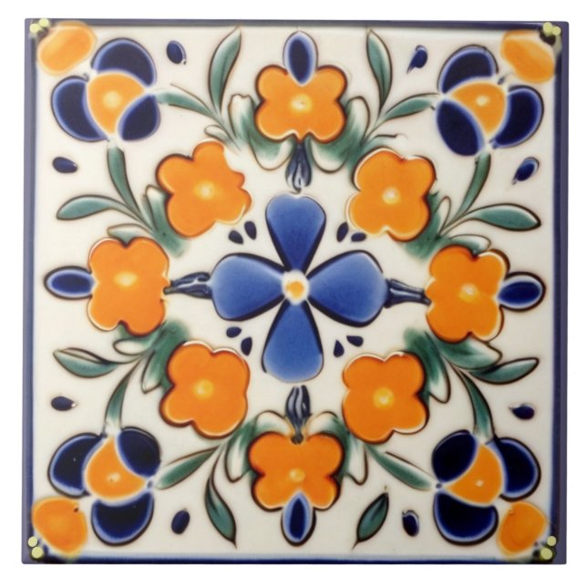 Orange och Blåa blommor för folkart Blommigt Kakelplatta (Framsidan)