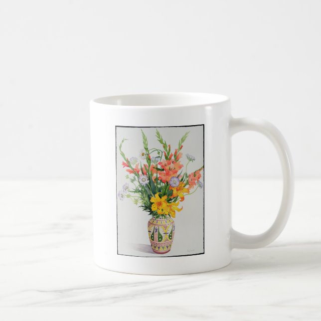 Orange och blåa blommor i en marockansk vas kaffemugg (Höger)