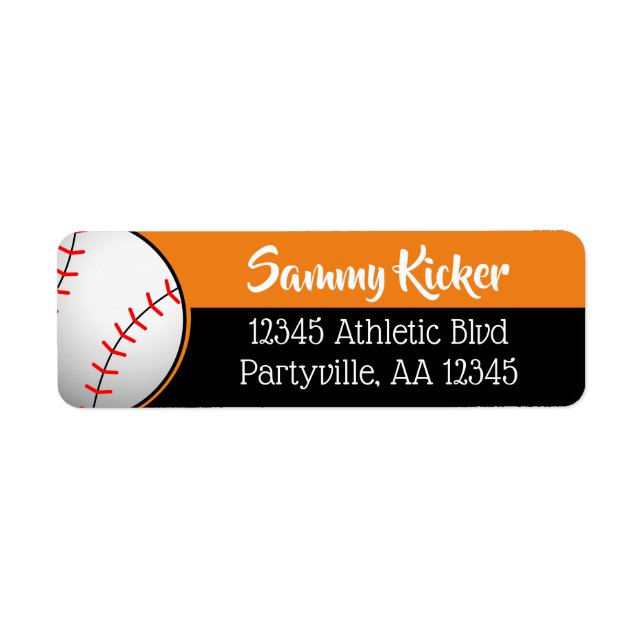 Orange och Black Baseball Adress Returadress Etikett (Framsidan)