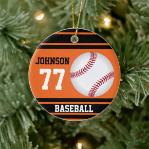 Orange och Black Baseball DIY Namn och nummer Julgransprydnad Keramik