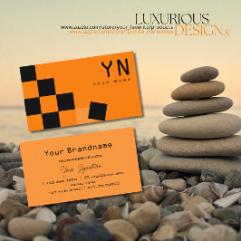 Orange- och Black Chessboard med Monogram Modern Visitkort