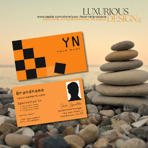 Orange- och Black Chessboard med Monogram och foto Visitkort