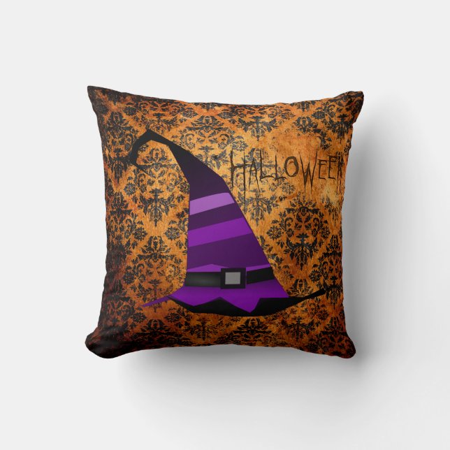 Orange- och Black Damask Halloween Witches Hat Pil Kudde (Framsida)