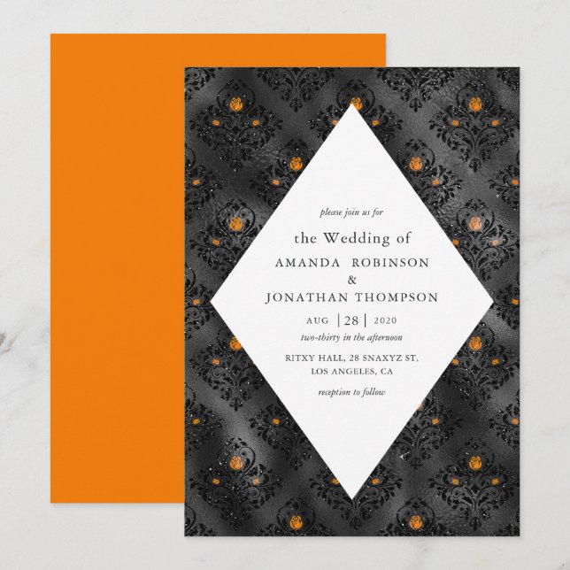Orange och Black Glam Faux Foil Damask Wedding Inbjudningar (Fram/baksida)