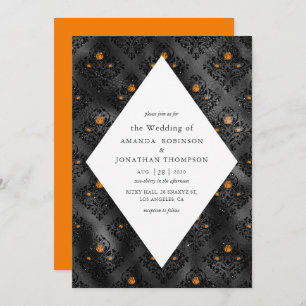 Orange och Black Glam Faux Foil Damask Wedding Inbjudningar