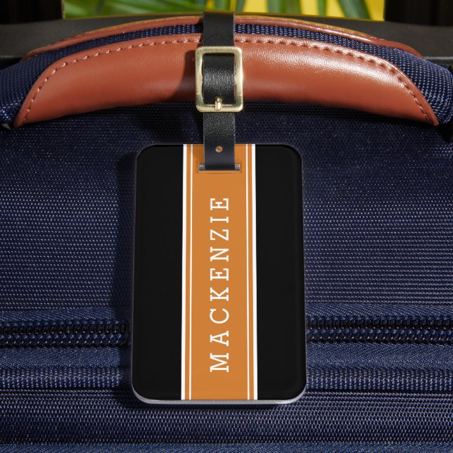 Orange och Black Rugby Rand Anpassningsbar Monogra Bagagebricka (Framsida Insitu 2)