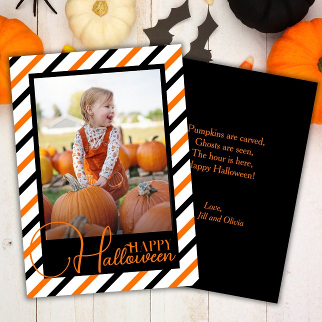 Orange- och Black Stripe-Anpassningsbar Photo Hall Julkort (Orange And Black Striped Custom Photo Halloween Holiday Card)
