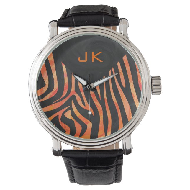 Orange och Black Zebra Monogram Armbandsur (Framsida)