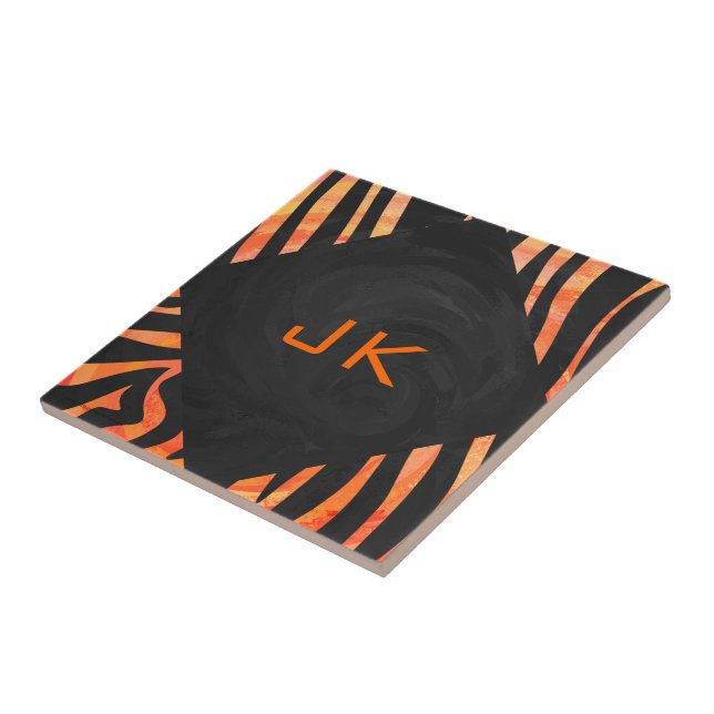 Orange och Black Zebra Monogram Kakelplatta (Sidan)