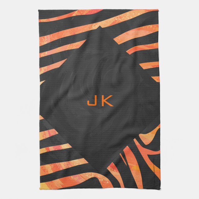 Orange och Black Zebra Monogram Kökshandduk (Vertikal)