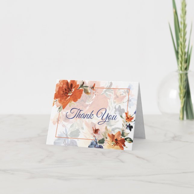 Orange och blått vattenfärgsfall blommigt bröllop tack kort (Framsida)