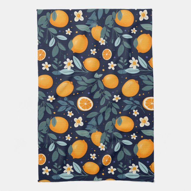 Orange och Blommigt Delight Mönster Kökshandduk (Vertikal)