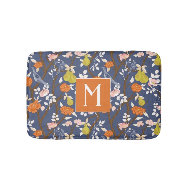 Orange och Blue Chinoiserie Birds Monogram Badrumsmatta (Framsidan)