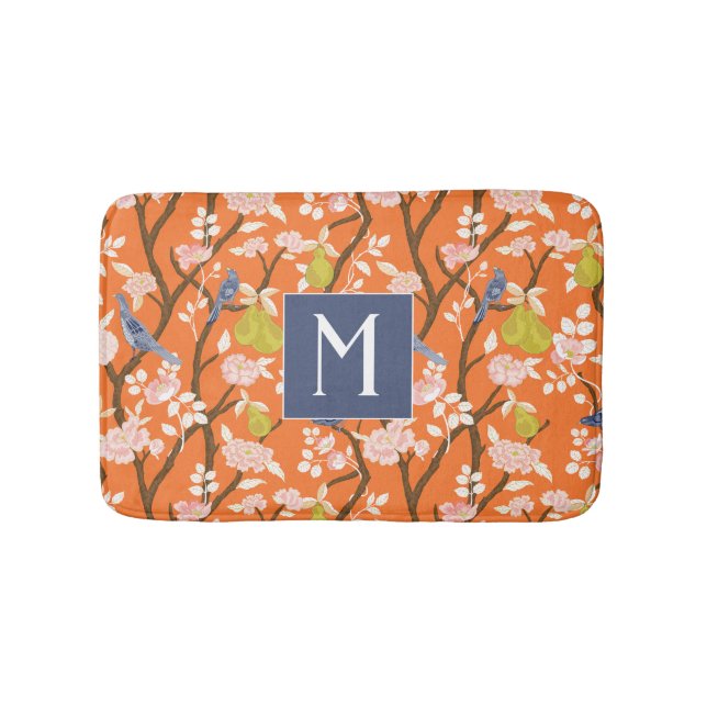 Orange och Blue Chinoiserie Birds Monogram Badrumsmatta (Framsidan)