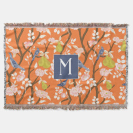 Orange och Blue Chinoiserie Birds Monogram Filt