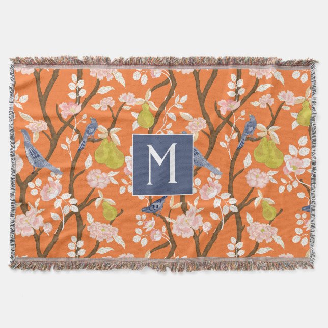 Orange och Blue Chinoiserie Birds Monogram Filt (Framsidan)