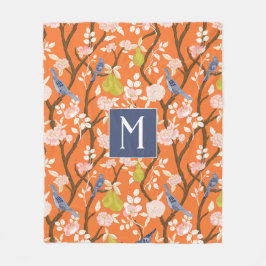 Orange och Blue Chinoiserie Birds Monogram Fleecefilt