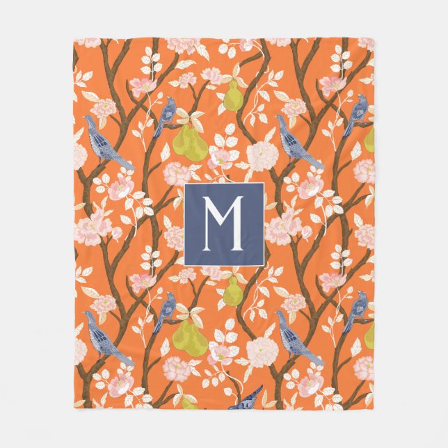 Orange och Blue Chinoiserie Birds Monogram Fleecefilt (Framsidan)