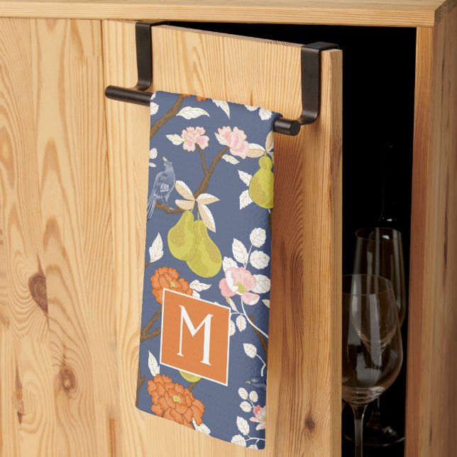 Orange och Blue Chinoiserie Birds Monogram Kökshandduk (Thirds Fold)